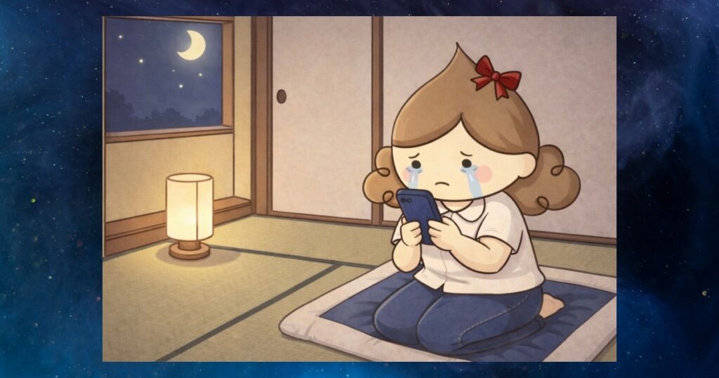 ある夜、実家から遠く離れた自宅で、泣きながらスマートフォンを握りしめる私。窓の外には三日月が浮かび、静かな部屋で父からの切実な、遺言とも言える電話を、一人で受け止める悲しみと孤独のシーン。