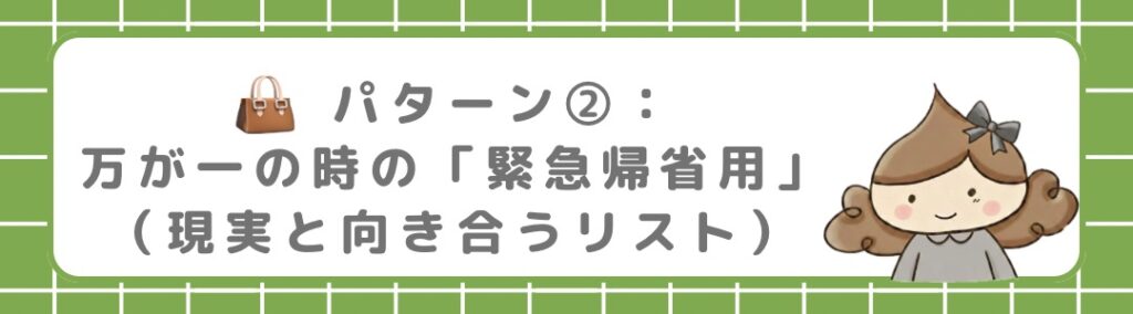 緊急帰省に備えて、万が一の帰省用に必要な特別な持ち物のリストを紹介する。タイトルの画像。