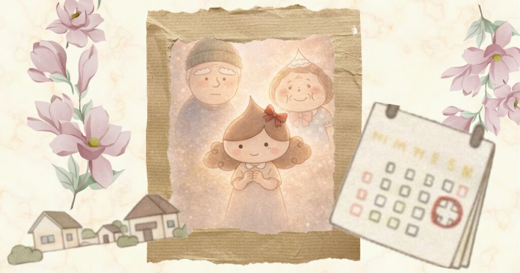「家族の要」としての決意を象徴するイラスト。娘（筆者かおに）が、少し後ろに立つ親（ジジと母フーちゃん）を守るように前に立ち、手元のカレンダーには帰省予定の赤い丸がつけられている。遠距離介護の不安と向き合い、家族を支える決意を表現。