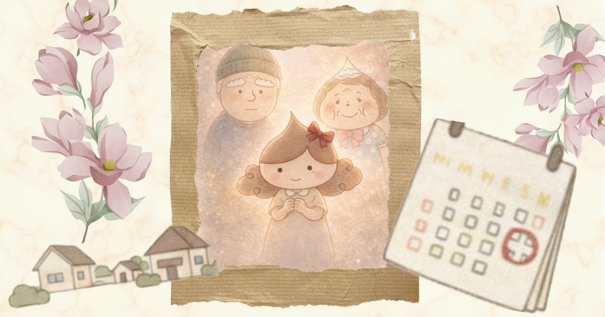 「家族の要」としての決意を象徴するイラスト。娘（筆者かおに）が、少し後ろに立つ親（ジジと母フーちゃん）を守るように前に立ち、手元のカレンダーには帰省予定の赤い丸がつけられている。遠距離介護の不安と向き合い、家族を支える決意を表現。
