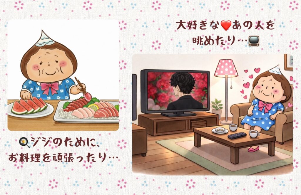 母フーちゃんが気持ちを切り替えて料理やテレビを楽しみ、日常を過ごしている様子のイラスト