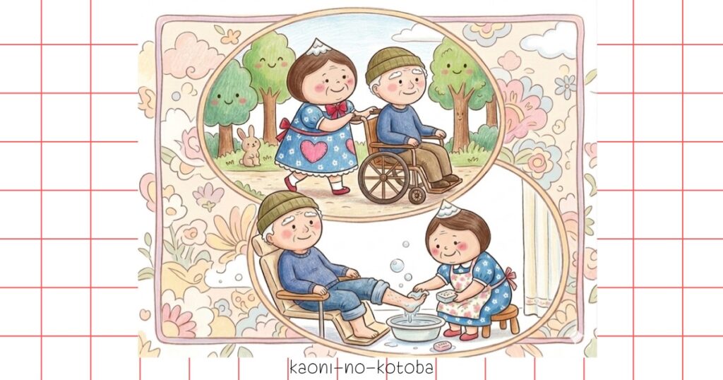 母フーちゃんがジジの車椅子を押して買い物に行ったり、お風呂で足を洗ったりと、介護を一生懸命頑張っている様子のイラスト。