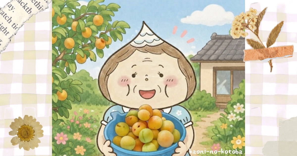 母フーちゃんが庭で収穫した梅の実をボウルいっぱいに抱えて、うれしそうにしている様子のイラスト