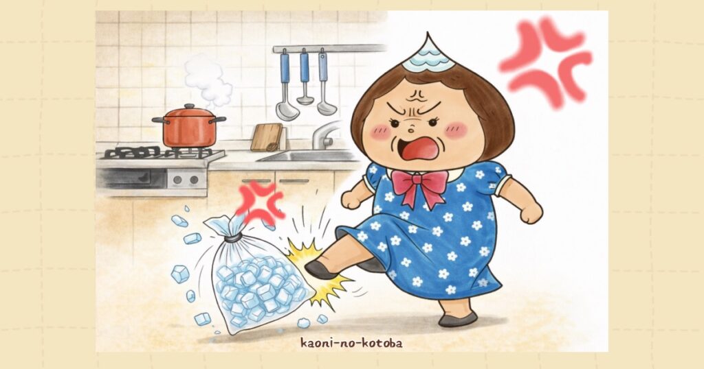 母フーちゃんが介護の疲れとストレスでイライラが爆発し、氷の入った袋を蹴飛ばしてしまう様子のイラスト