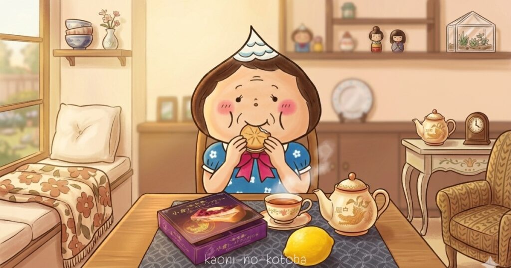 母フーちゃんが筆者かおにから贈られたお菓子とコーヒーを楽しみながら、一人の時間にほっと一息ついている様子のイラスト