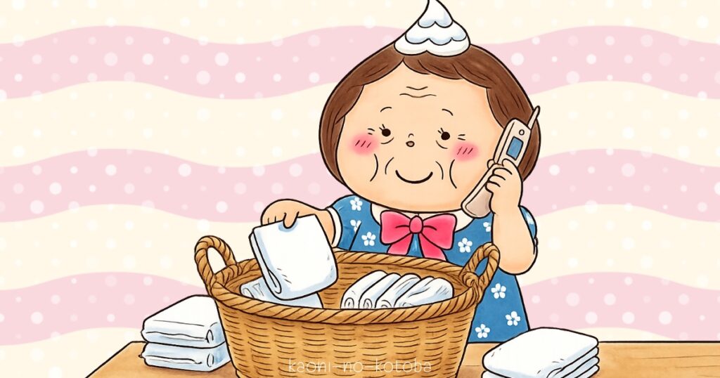 母フーちゃんが紙おむつを手にしながら、ジジの紙パンツの出来事についてやり取りしている様子のイラスト