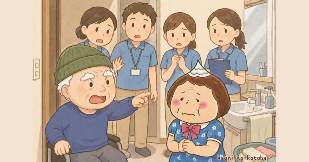 入浴介助でヘルパーが来ている中ジジに怒鳴られ母フーちゃんが辛そうにしている様子のイラスト