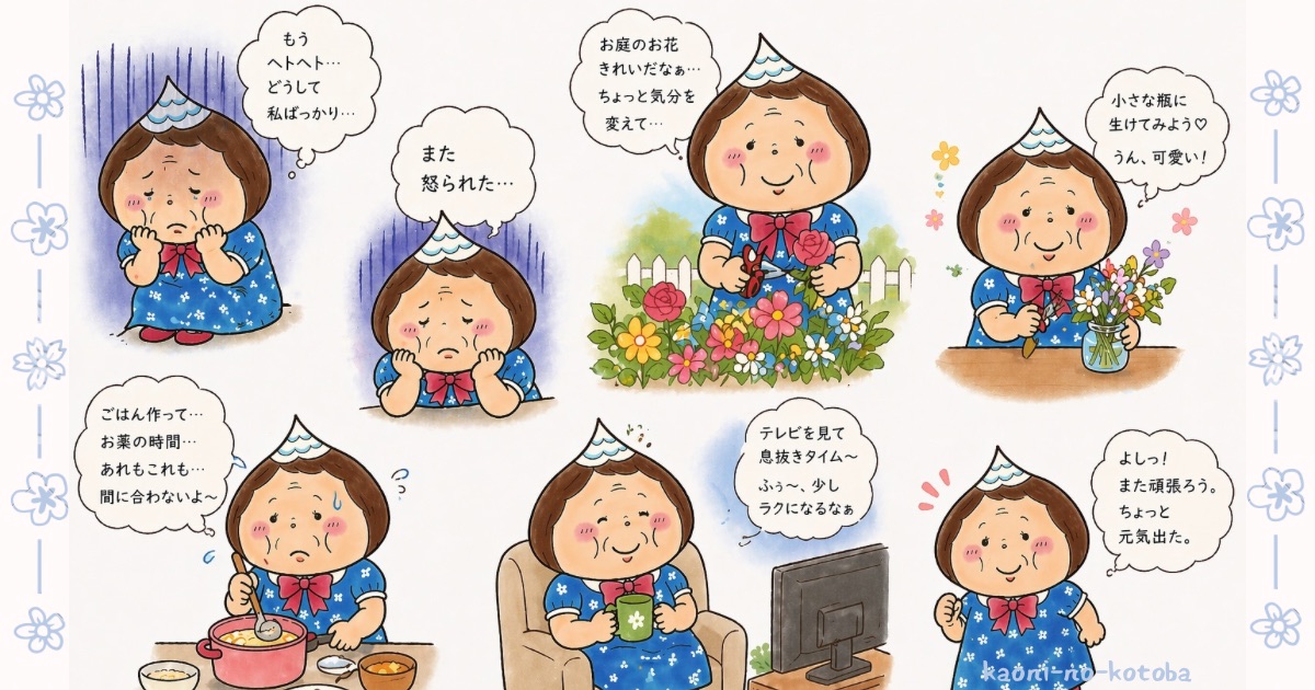 母フーちゃんが介護の大変さに疲れながらも庭の花や好きな時間に癒され気持ちを立て直している様子のイラスト