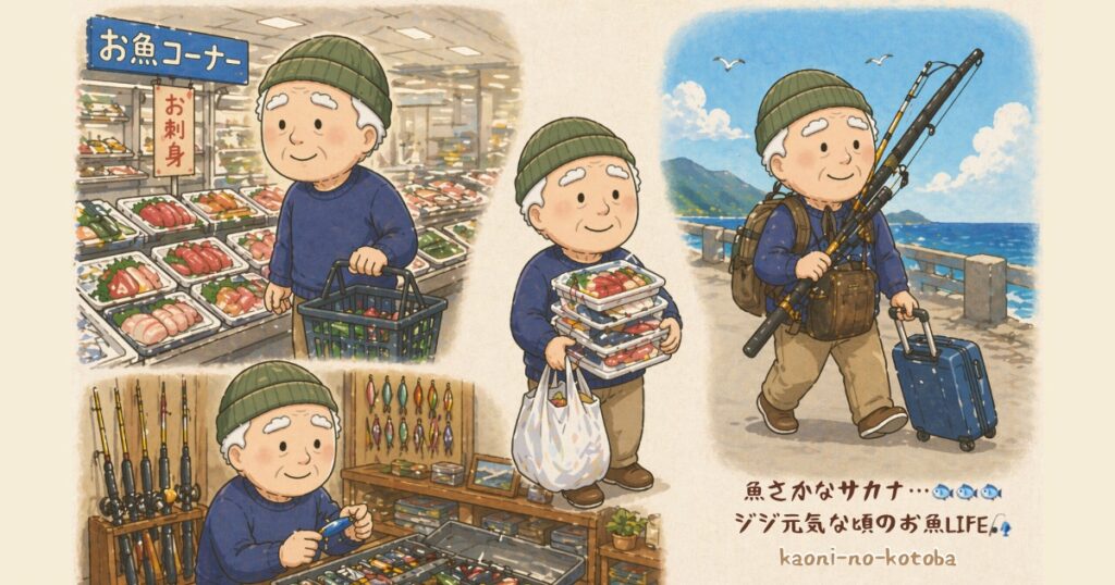 元気だった頃のジジが魚売り場で買い物を楽しみ釣り道具を集め旅行にも釣竿を持っていくほど魚が大好きだった様子のイラスト
