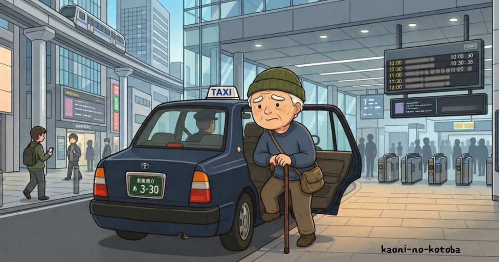 歩行も困難なジジがそれでも行きたいと願い無理をして外出しタクシーから降りる場面のイラスト