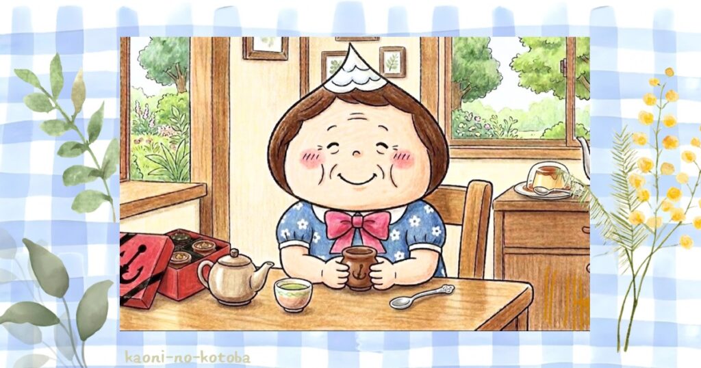 母フーちゃんが筆者かおにから贈られたプリンを大切に味わい食べた後の容器にお茶を入れて喜んでいる様子のイラスト
