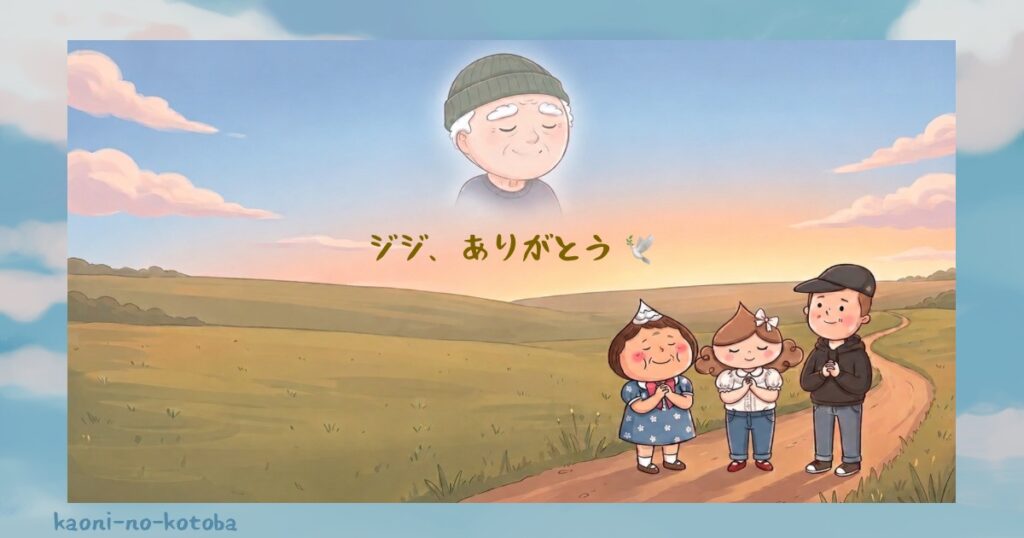 空の向こうのジジへ感謝を伝えながら、母フーちゃんと筆者かおに、家族が新しい日常へ歩き出そうとしているお別れのイラスト