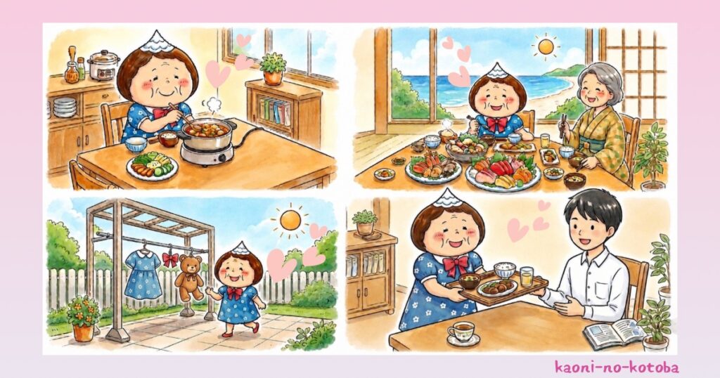 母フーちゃんが一人鍋や旅行、洗濯、お世話好きな生活など、自由な老後の夢を楽しそうに思い描いている様子のイラスト