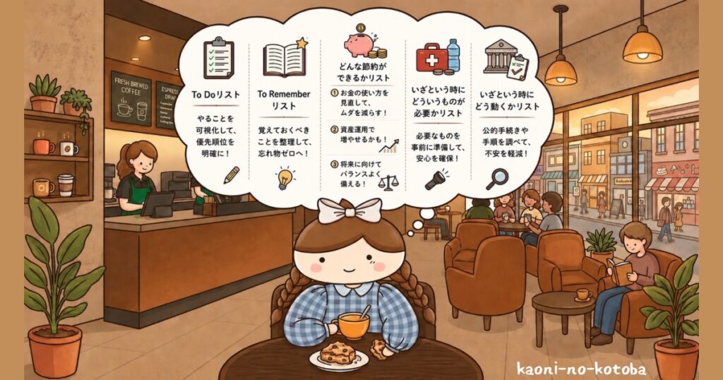 不安を書き出して整理したことで心に余裕が生まれ、カフェで穏やかなお茶の時間を過ごす筆者かおにのイメージ