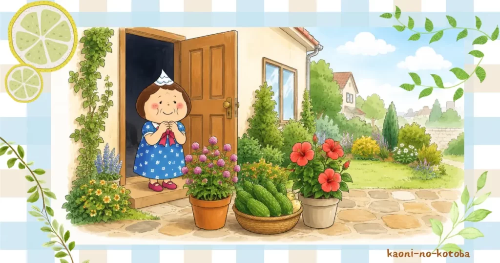 母フーちゃんが玄関先に届けられたハイビスカスや千日紅の鉢植え、ゴーヤなどの心のこもったお裾分けを見て嬉しそうにしているイラスト