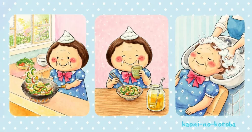 友人から届いたゴーヤでチャンプルーを作り、食事やヘッドスパを楽しみながら前向きな一人暮らしを送る母フーちゃんのイラスト