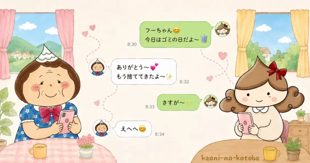 筆者かおにと母フーちゃんがLINEでゴミ出しや日常の出来事をやり取りしながら見守りを続けている様子のイラスト