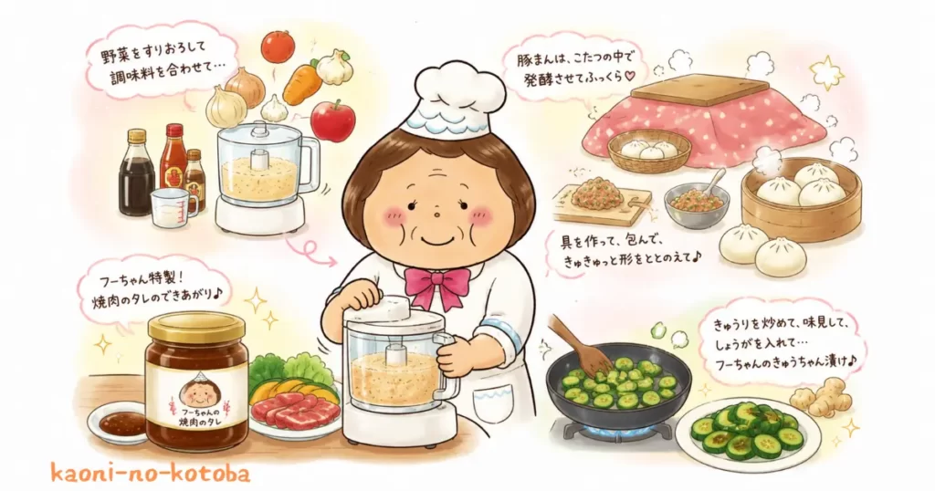 焼肉のたれや肉まん、きゅうちゃん漬けなどを楽しそうに手作りする母フーちゃんのイラスト