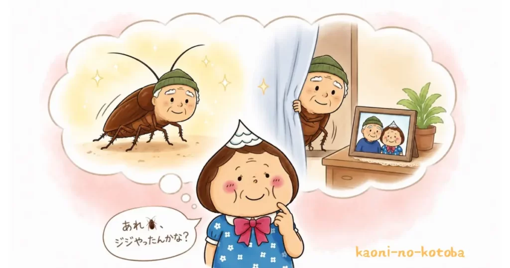 ゴキブリを見て「ジジが様子を見に来たのかな?」と微笑む母フーちゃんの想像を描いたイラスト