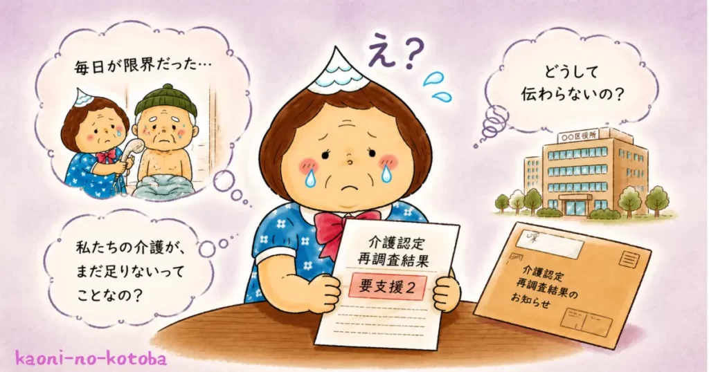 介護認定の再調査結果が届き、要支援2という判定を前に戸惑う母フーちゃんのイラスト