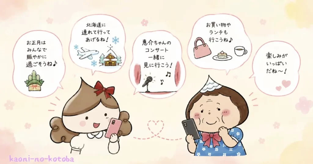 筆者かおにと母フーちゃんがLINEで北海道旅行やお正月、コンサートなど未来の約束を笑顔で語り合うイラスト