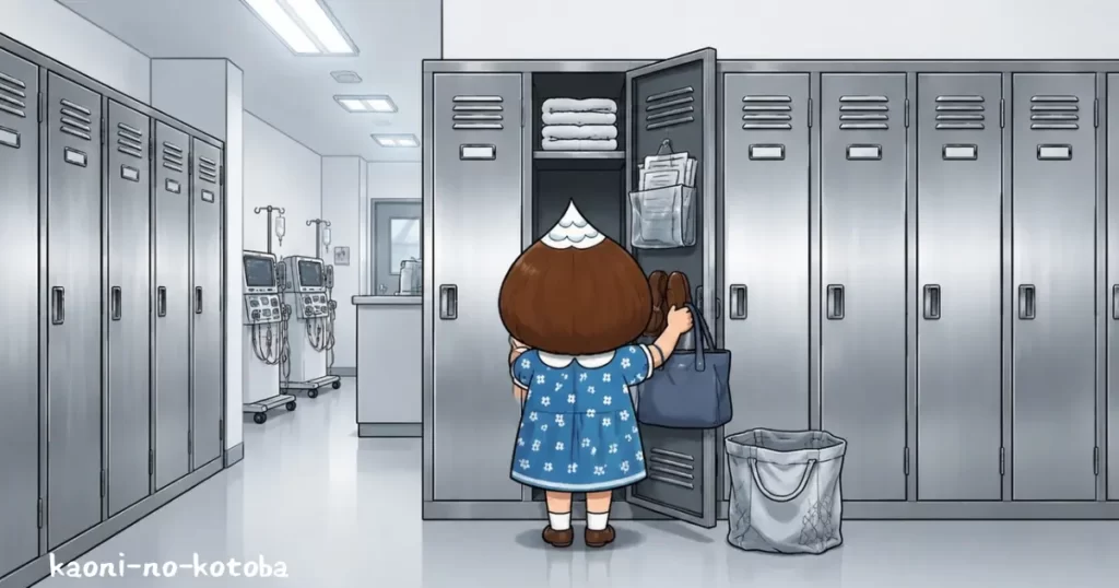 透析センターでジジのロッカーを静かに整理する母フーちゃんの後ろ姿を描いたイラスト