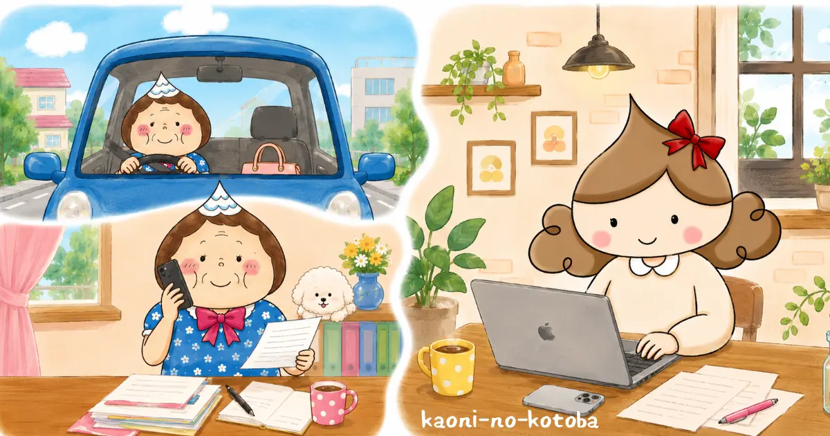 相続手続きのために書類やパソコンを使いながら準備を進める母フーちゃんと、遠隔でサポートする筆者かおにを描いたイラスト