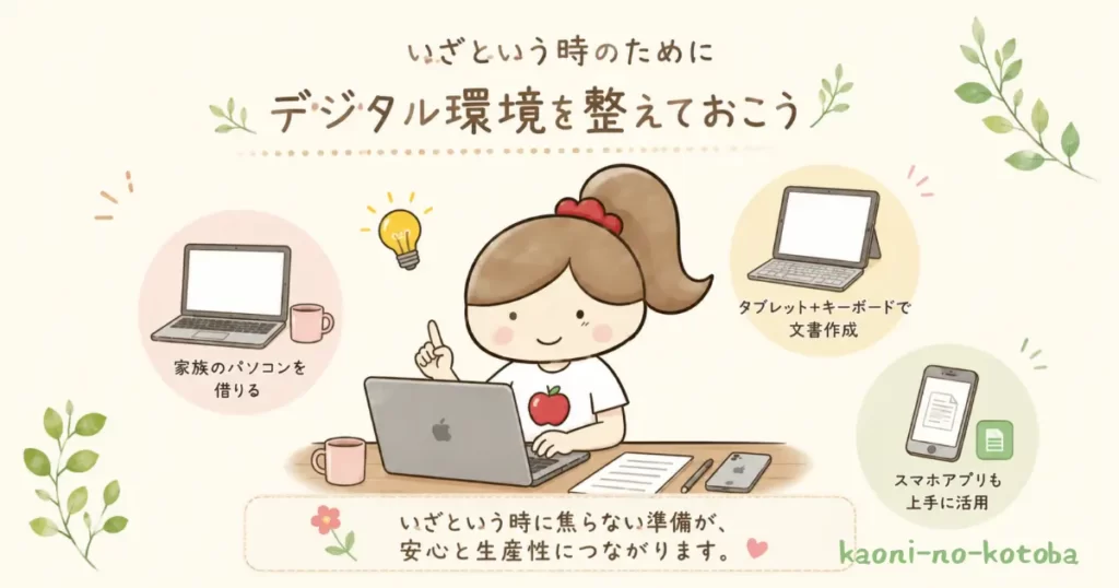 相続書類の作成方法やデジタル環境の準備について、筆者かおにが紹介しているイラスト