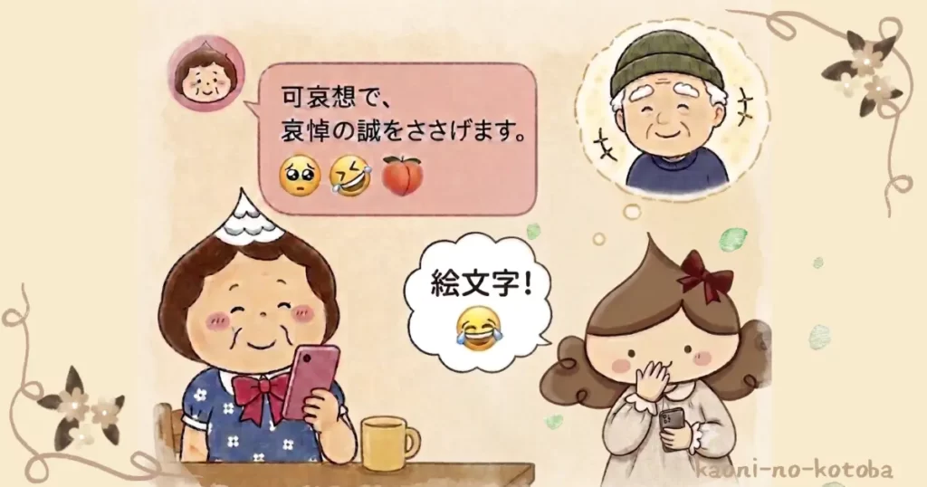 母フーちゃんから届いた「哀悼の誠をささげます🥹🤣🍑」というLINEに筆者かおにが思わず笑い、天からジジが優しく見守っている様子を描いたイラスト