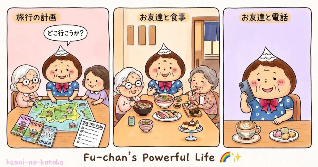 お友達と旅行や食事の約束をしたり、電話で楽しそうに会話をしながら充実した毎日を過ごす母フーちゃんのイラスト