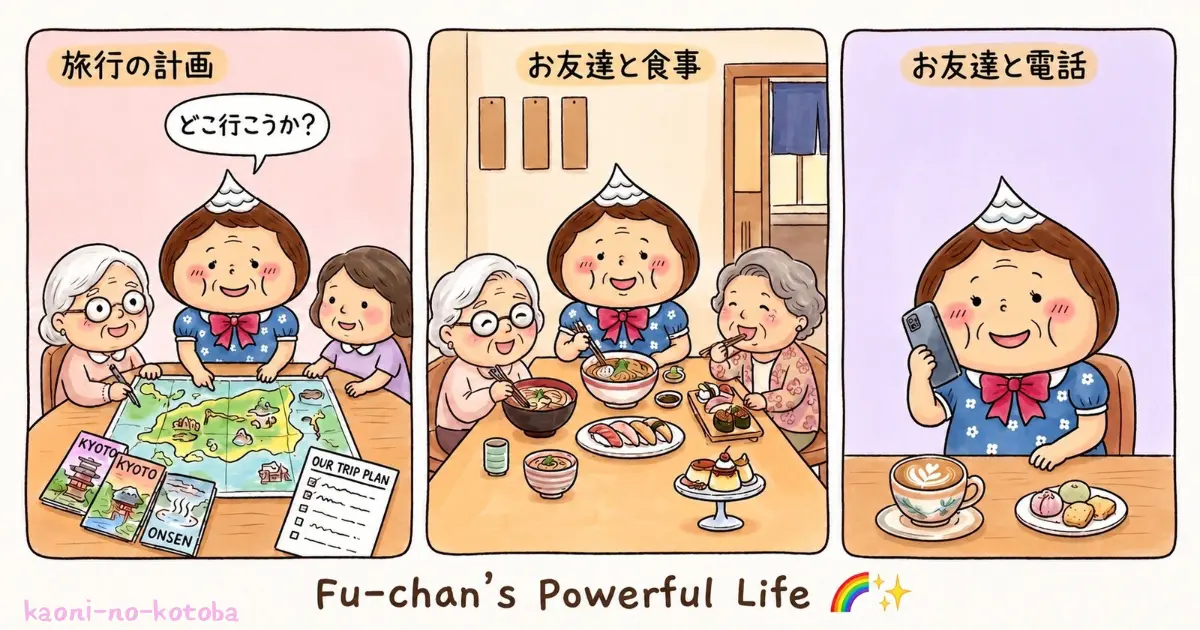 お友達と旅行や食事の約束をしたり、電話で楽しそうに会話をしながら充実した毎日を過ごす母フーちゃんのイラスト