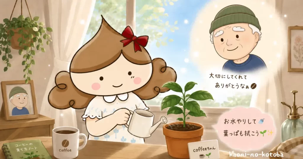 筆者かおにがジジの形見のコーヒーちゃんの木に水やりをしながら、母フーちゃんとLINEで成長を喜び合っているイラスト
