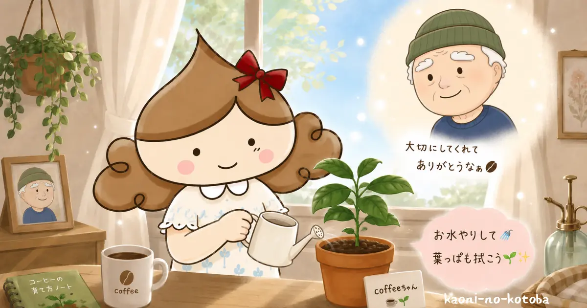 筆者かおにがジジの形見のコーヒーちゃんの木に水やりをしながら、母フーちゃんとLINEで成長を喜び合っているイラスト