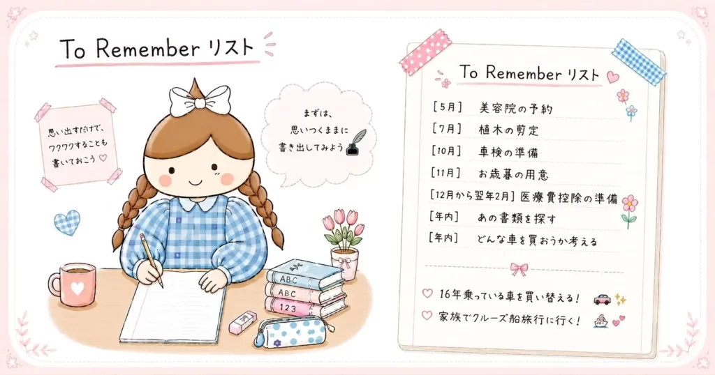 筆者かおにがTo Rememberリストを使って、やることや将来の楽しみを書き出して整理しているイラスト