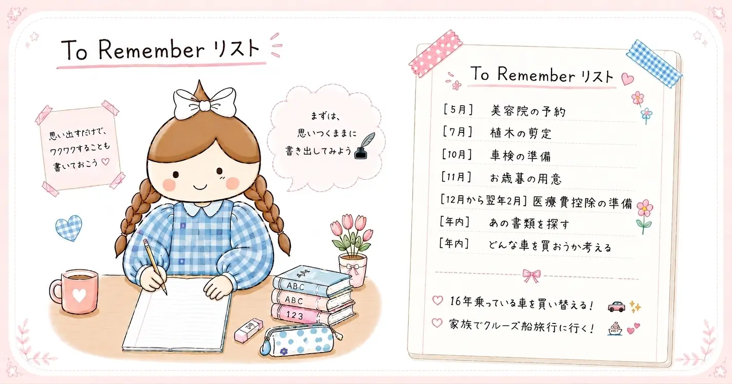 筆者かおにがTo Rememberリストを使って、やることや将来の楽しみを書き出して整理しているイラスト