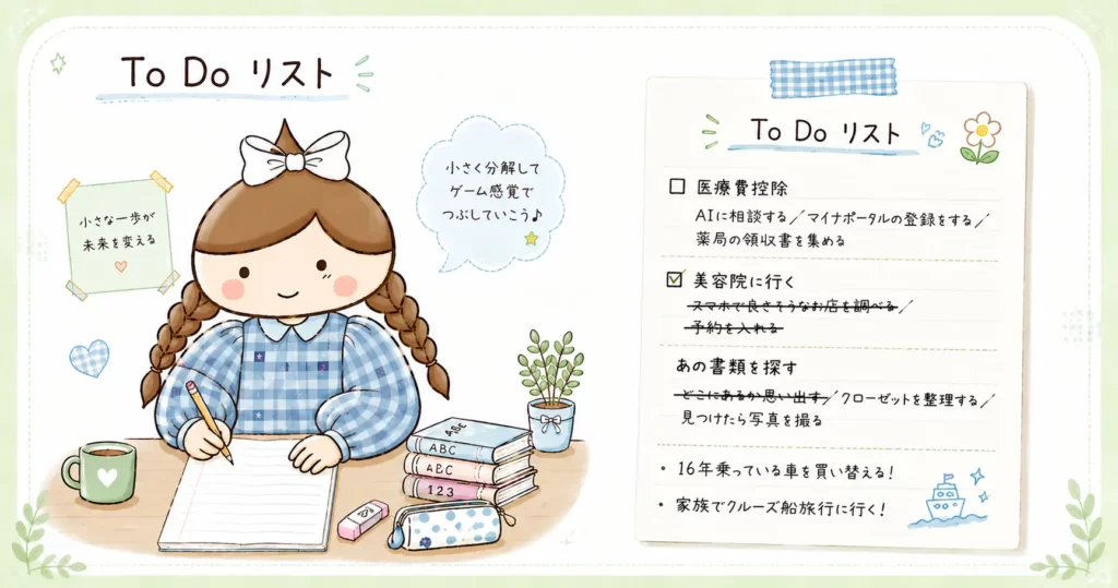 筆者かおにがTo Doリストでタスクを小さく分解し、一つずつ進めているイラスト