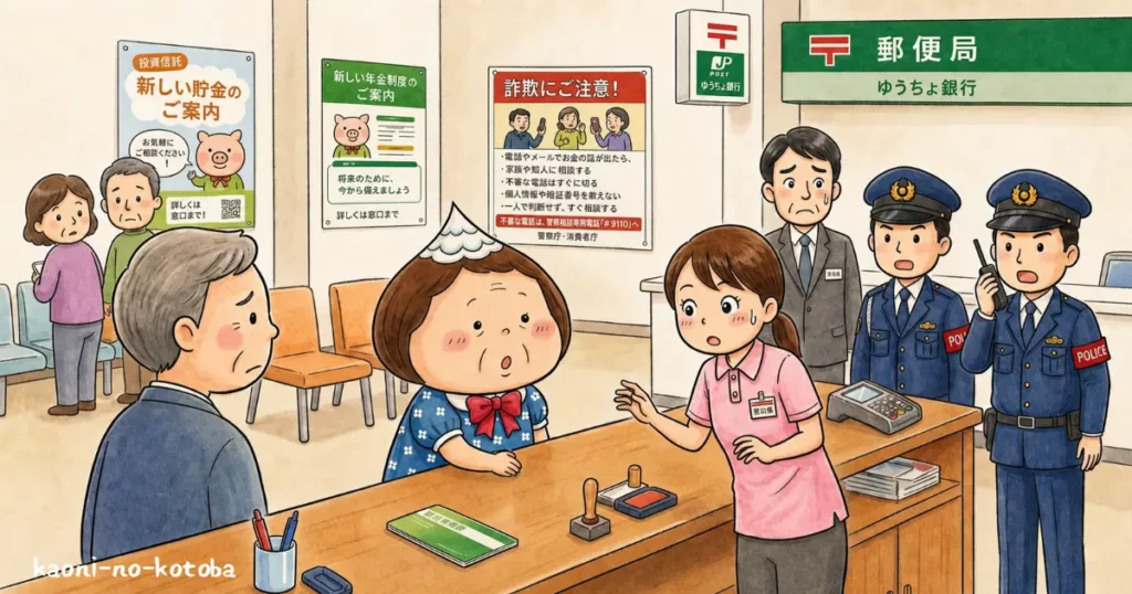母フーちゃんが郵便局で高額の現金を引き出そうとした際、詐欺防止のため警察官も駆けつける騒動になったイラスト