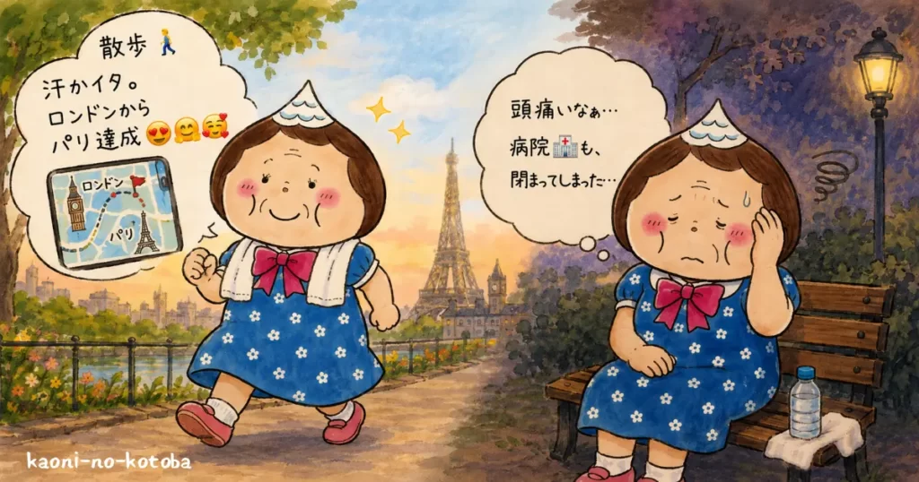 散歩を頑張る母フーちゃんと、頭痛で病院へ行こうと考える様子を対比して描いたイラスト