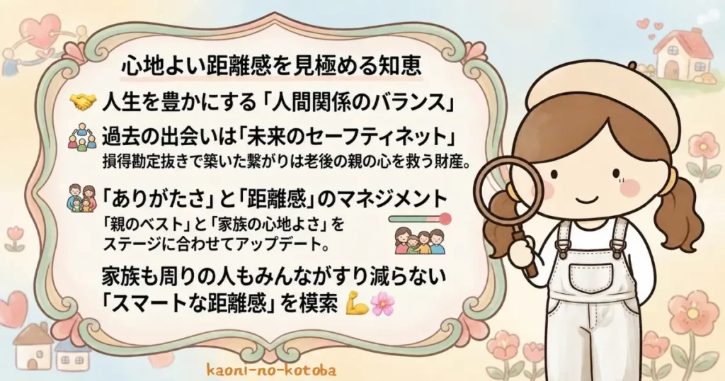 筆者かおにが人との心地よい距離感や親を支える人間関係について紹介しているイラスト