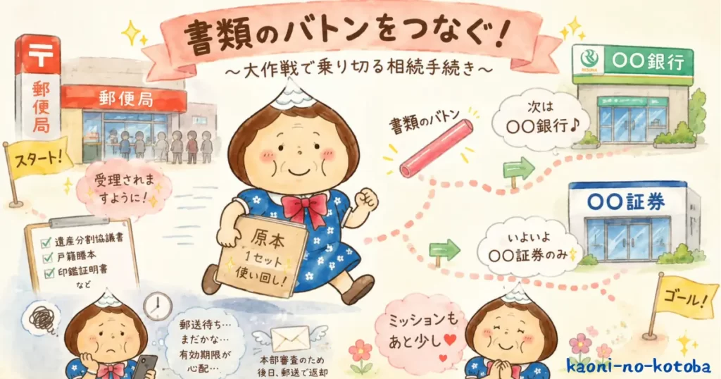 母フーちゃんが相続に必要な原本書類を手に、郵便局や銀行を次々と回りながら手続きを進める様子を描いたイラスト