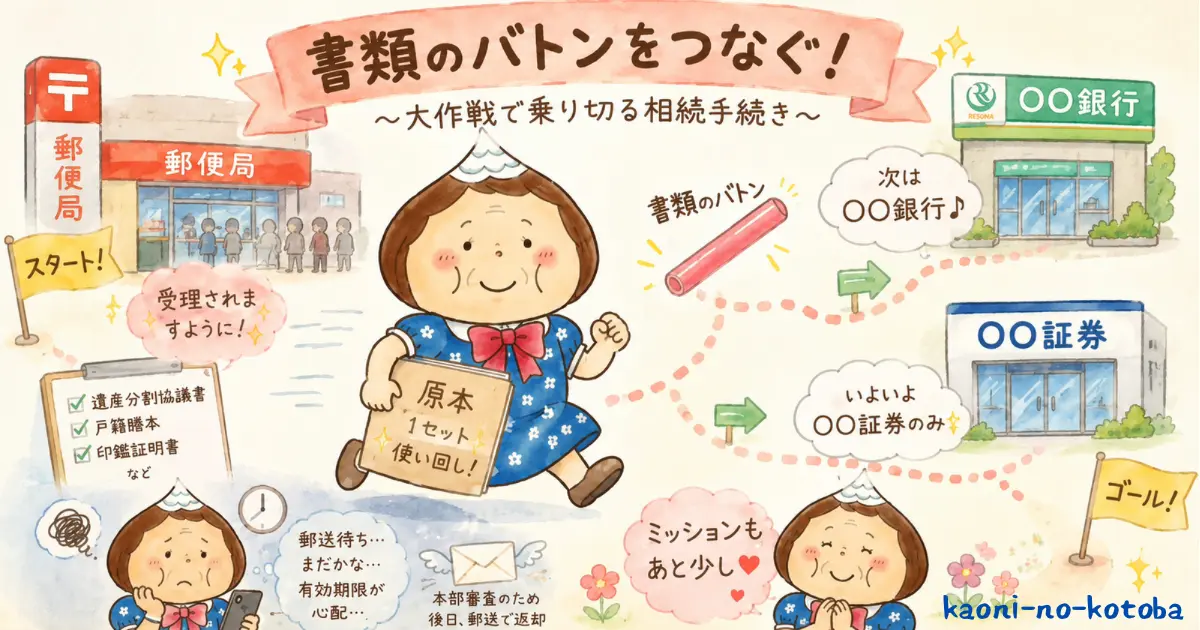 母フーちゃんが相続に必要な原本書類を手に、郵便局や銀行を次々と回りながら手続きを進める様子を描いたイラスト