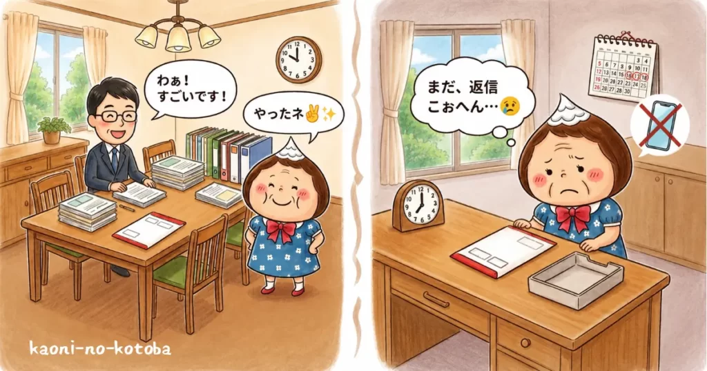 母フーちゃんが税理士に見せる書類をきれいに並べて褒められ喜ぶ一方、やり取りが始まるとなかなか返信が来ず悲しそうにする様子を描いたイラスト