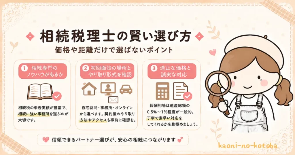 相続税理士を選ぶ際に確認したい専門性、面談方法、やり取りのしやすさ、価格と対応のポイントをまとめたイラスト
