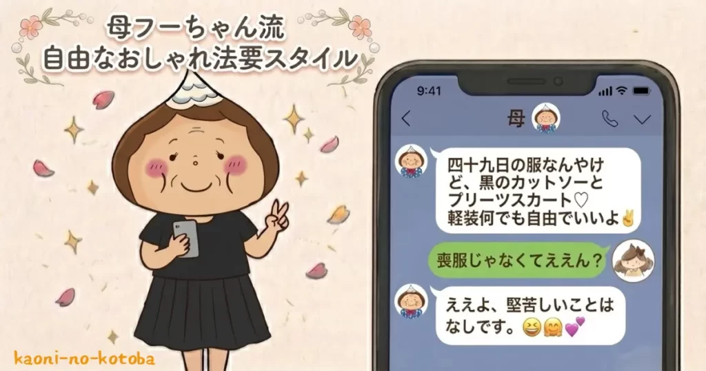 母フーちゃんが黒のカットソーとプリーツスカートの軽やかな法要スタイルを提案し、筆者かおにとLINEで服装について相談している場面のイラスト