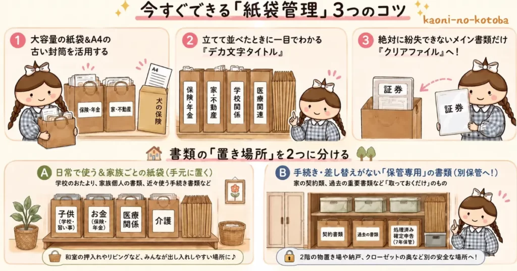 筆者かおにが紙袋やA4封筒を活用して書類をざっくり整理し、日常用と保管用に分ける方法を紹介しているイラスト