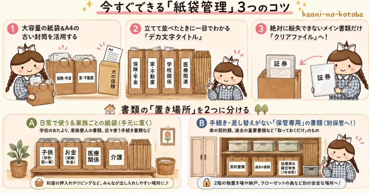 筆者かおにが紙袋やA4封筒を活用して書類をざっくり整理し、日常用と保管用に分ける方法を紹介しているイラスト