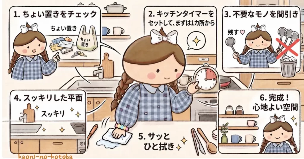 筆者かおにがキッチンでタイマーを使いながら不要な物を間引き、最後に平面を拭いて心地よい空間を整えているイラスト