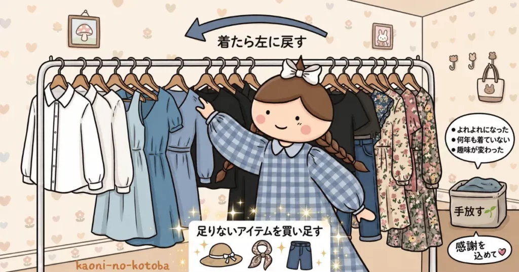 筆者かおにが今の季節に着る服をハンガーラックに集め、必要な服を選びやすく整理しているイラスト