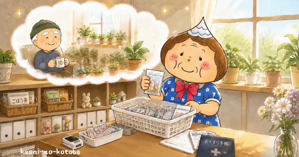 母フーちゃんがジジの残した薬を整理しながら、生前の姿を思い出している場面のイラスト