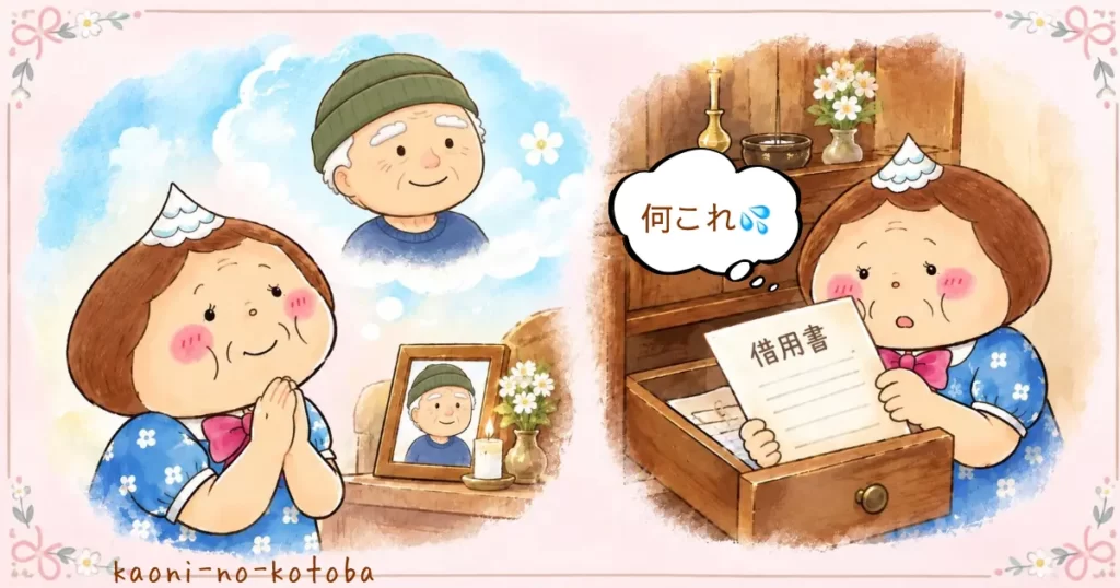 母フーちゃんがジジの写真に手を合わせて天国での幸せを願う場面と、ジジが人に貸したお金の借用書を見つけて驚いている場面を描いたイラスト